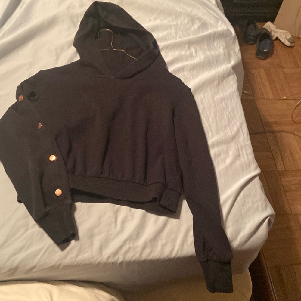 Black w copper/rose colored buttons down sleeves w hood